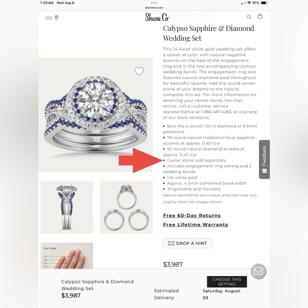 14k White Gold Diamond and Sapphire Wedding Set/Ring by Shane Co. w/ appraisal.